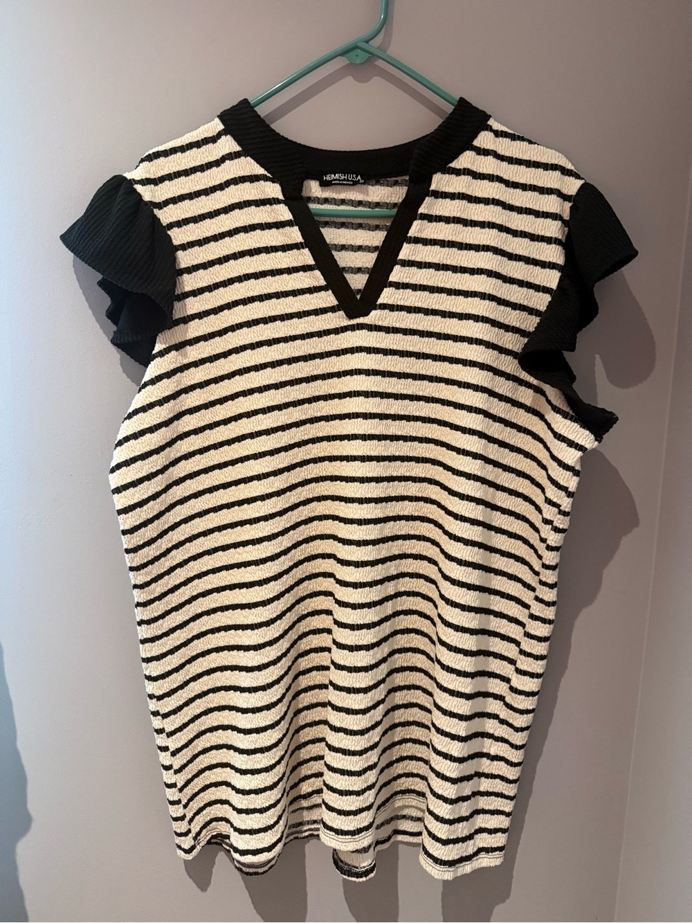 NWOT- HEIMISH USA Black & Cream Striped V-Neck Ruffle Sleeve Tank